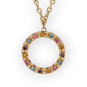 Sarah Coventry Multicolor Rhinestone Circle Pendant Necklace – Vintage Color Pop